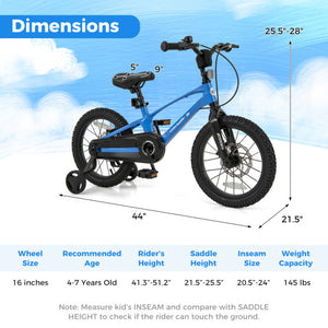 16 Inch Kids Bike Magnesium Alloy Training Bicycle Adjustable for 4 to 7 Years Old-16 inches