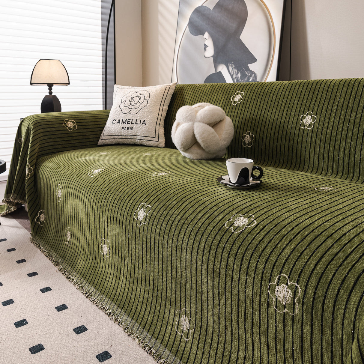 Chenille Camellia Floral Sofa Throw Cover Couch Blanket with Striped Jacquard