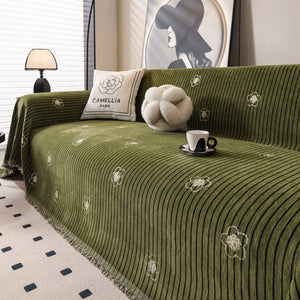 Chenille Camellia Floral Sofa Throw Cover Couch Blanket with Striped Jacquard