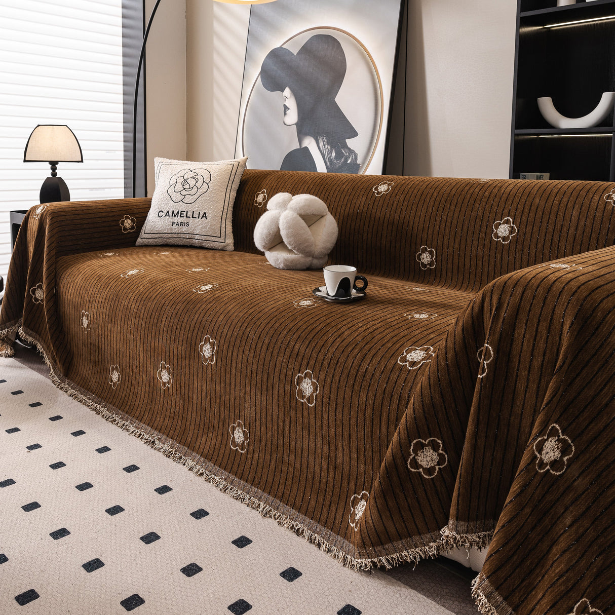 Chenille Camellia Floral Sofa Throw Cover Couch Blanket with Striped Jacquard