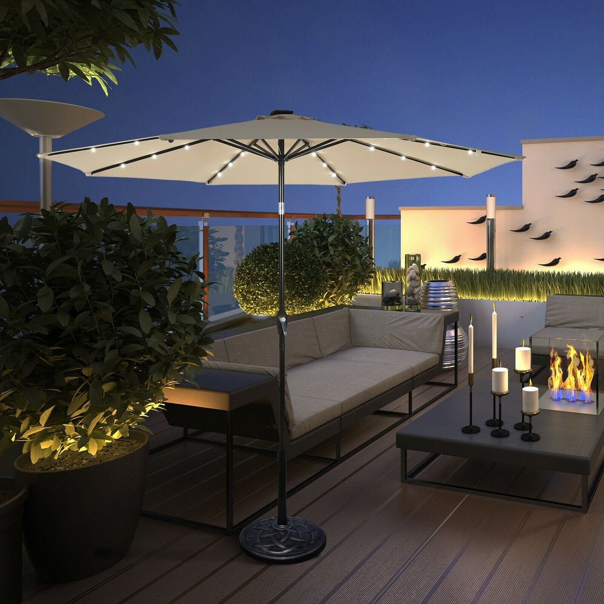 10' Solar LED Lighted Patio Market Umbrella Shade Tilt Adjustment Crank-Beige by DirectDeals