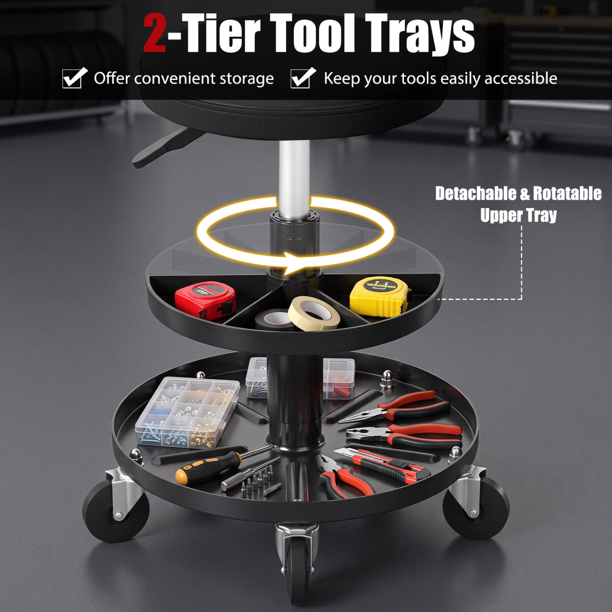 16.5"-22" Adjustable Height Seat Rolling Mechanic Stool with Wheels-Black