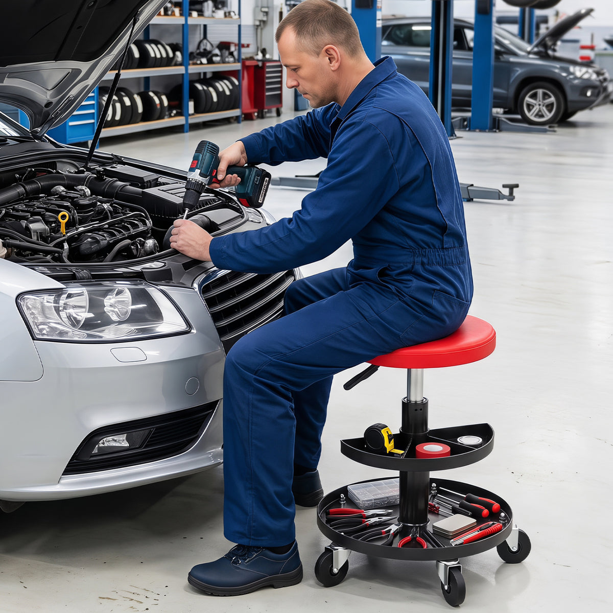 16.5"-22" Adjustable Height Seat Rolling Mechanic Stool with Wheels-Red