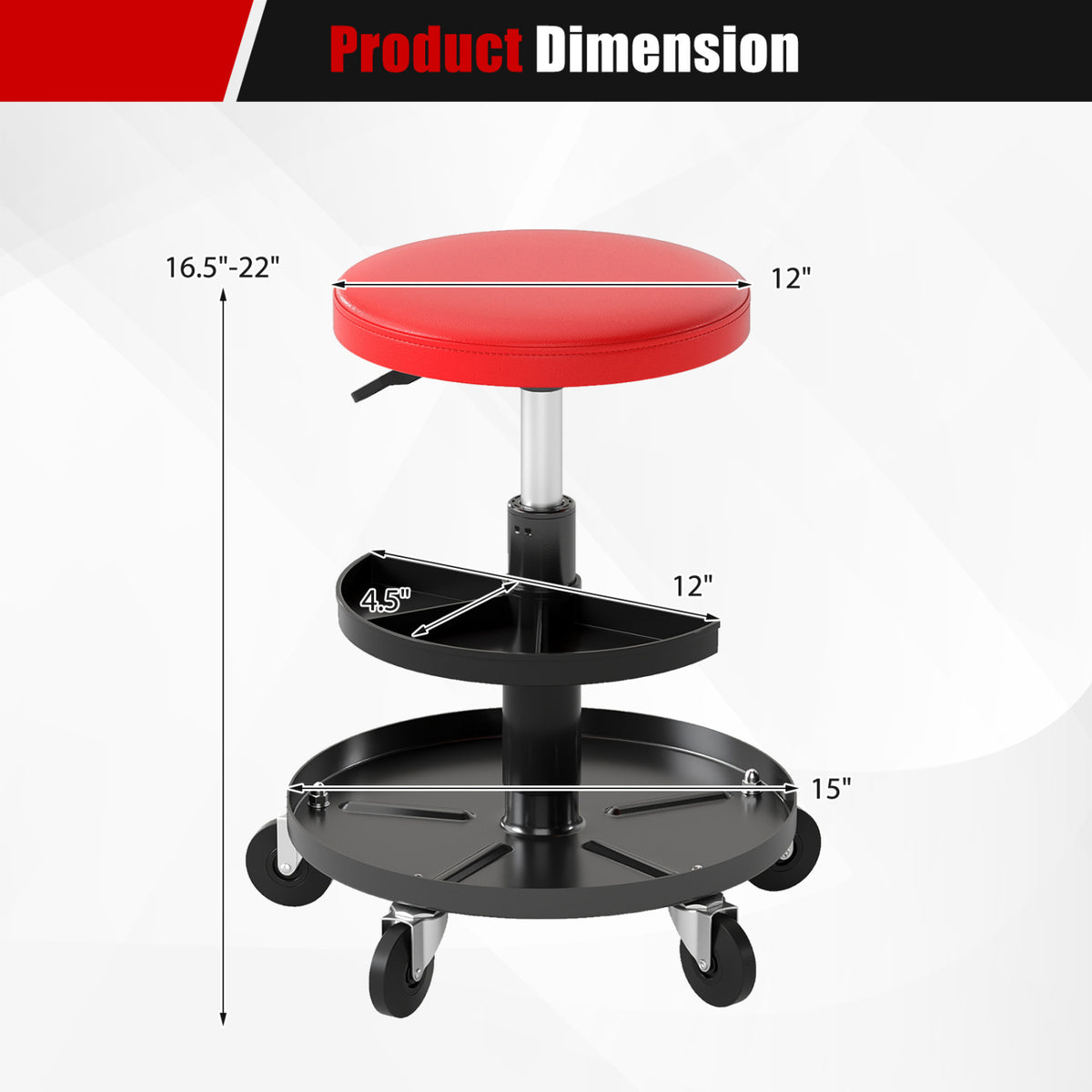 16.5"-22" Adjustable Height Seat Rolling Mechanic Stool with Wheels-Red