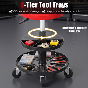 16.5"-22" Adjustable Height Seat Rolling Mechanic Stool with Wheels-Red