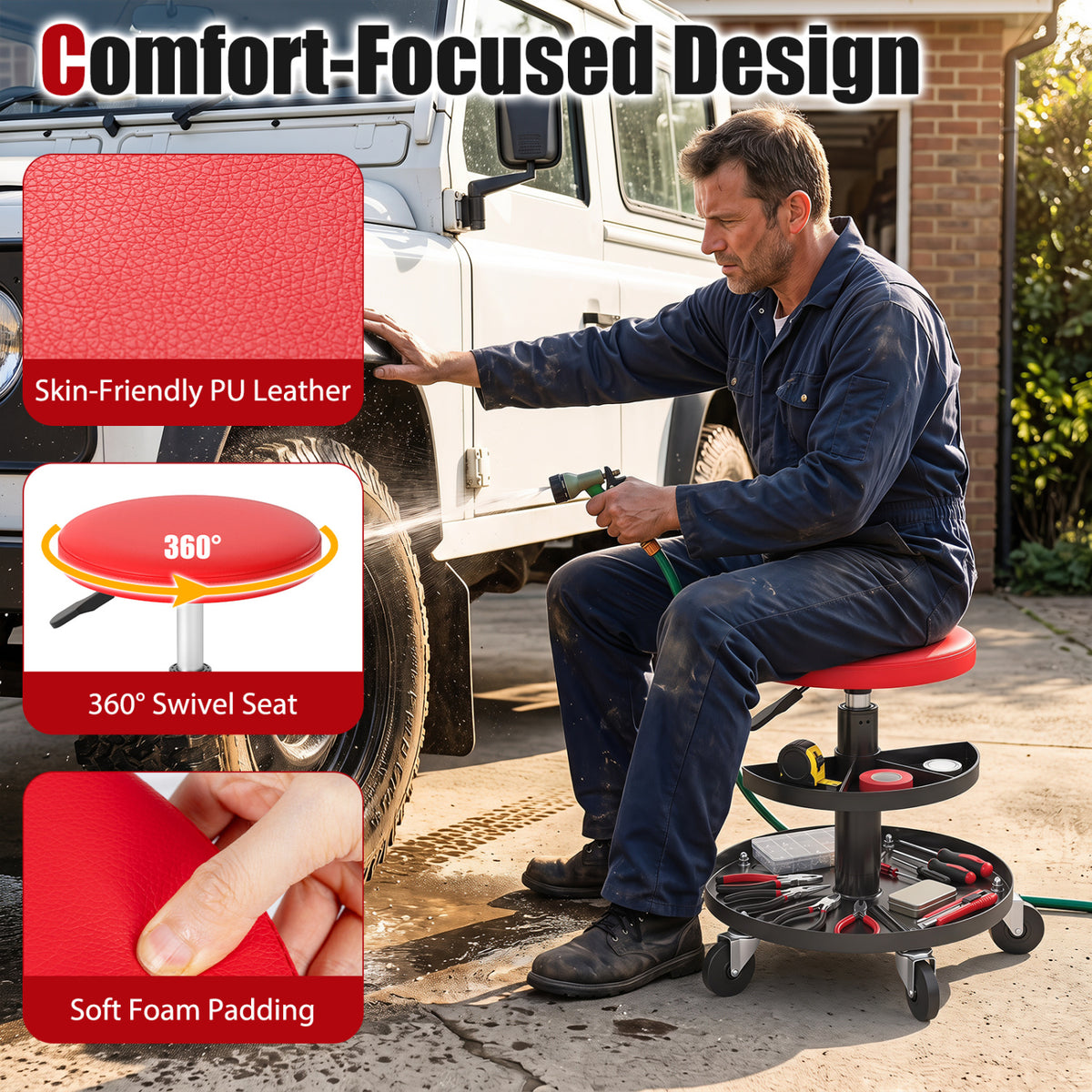 16.5"-22" Adjustable Height Seat Rolling Mechanic Stool with Wheels-Red