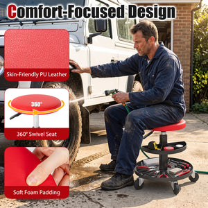 16.5"-22" Adjustable Height Seat Rolling Mechanic Stool with Wheels-Red