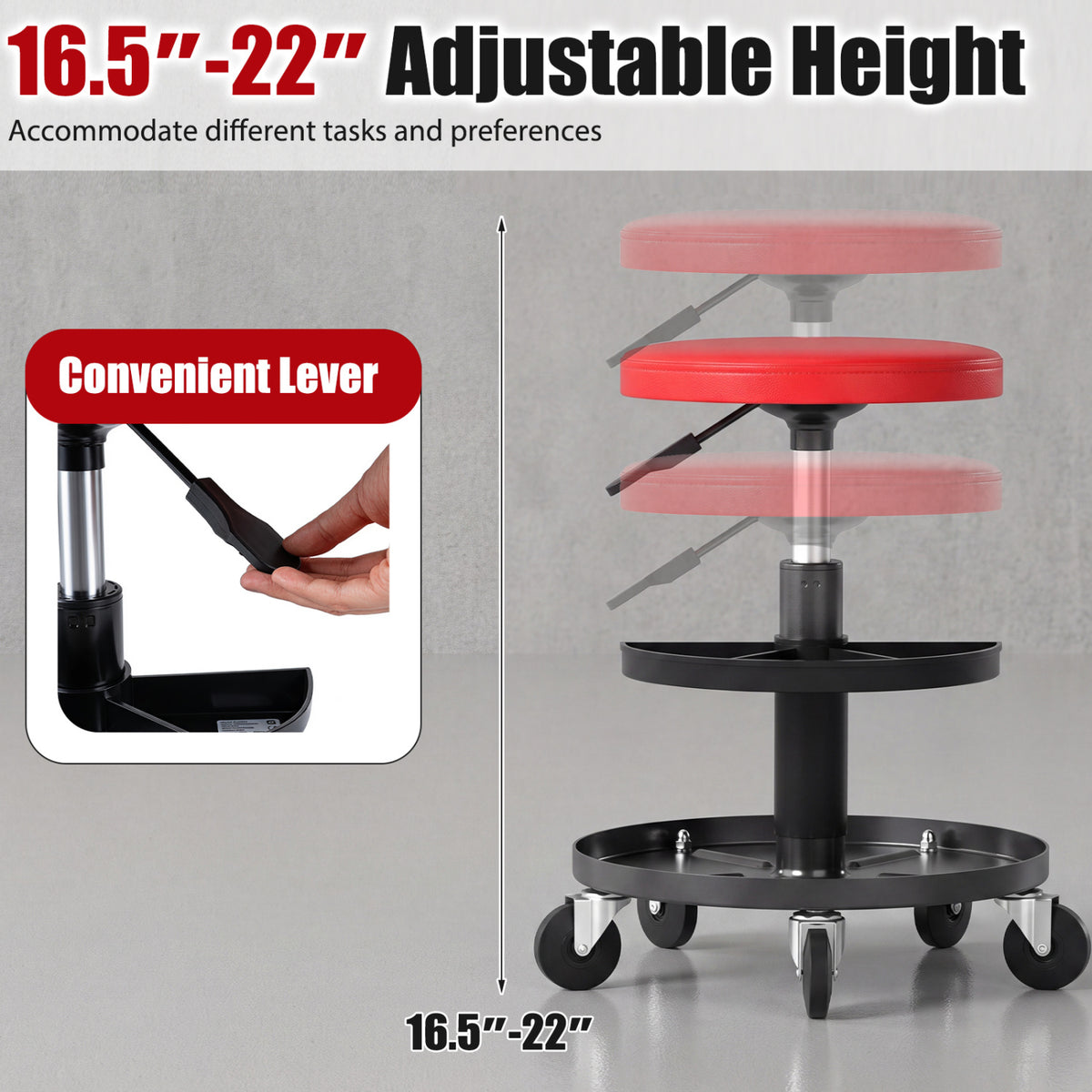 16.5"-22" Adjustable Height Seat Rolling Mechanic Stool with Wheels-Red