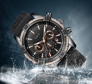 Men's Waterproof Watch With Chronometers Date Display Gold Detail Excellent Background Perfect Gift