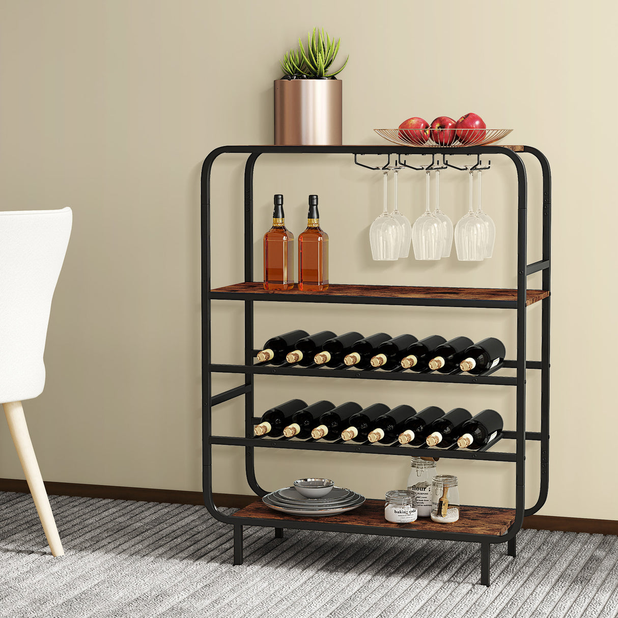 16 Bottle Wine Rack with 5-Tier Wine Shelf and Glass Holders for Kitchen Bar-Rustic Brown