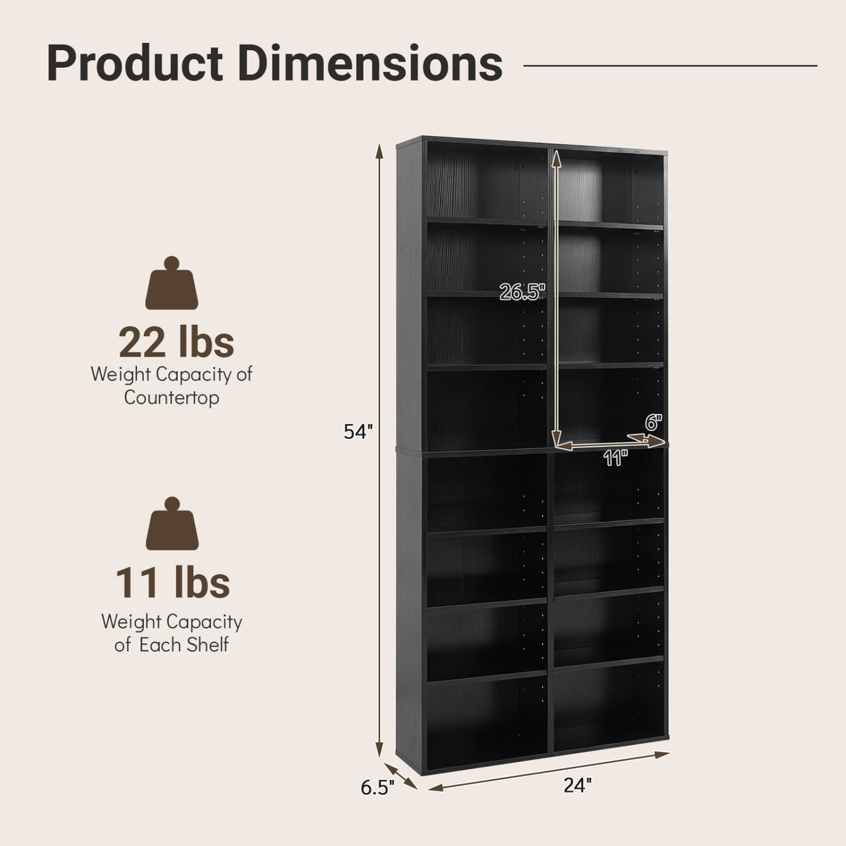 16 Compartment CD Storage Unit 54" Freestanding Open Display Shelf with 12 Removable Shelves-Black