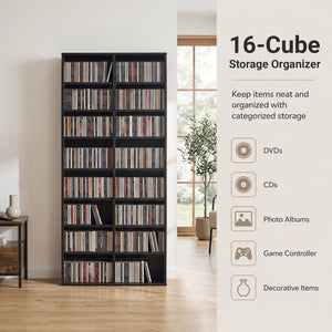 16 Compartment CD Storage Unit 54" Freestanding Open Display Shelf with 12 Removable Shelves-Black