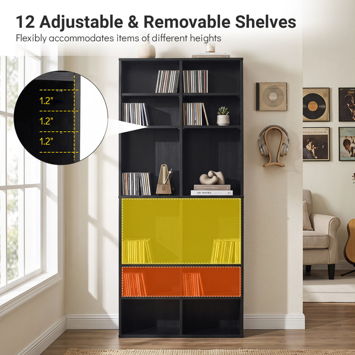 16 Compartment CD Storage Unit 54" Freestanding Open Display Shelf with 12 Removable Shelves-Black
