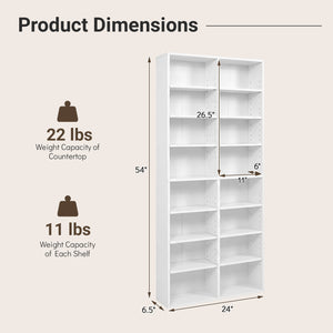 16 Compartment CD Storage Unit 54" Freestanding Open Display Shelf with 12 Removable Shelves-White