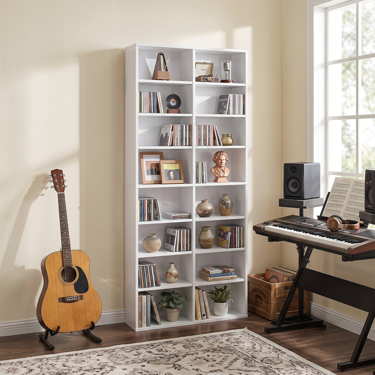 16 Compartment CD Storage Unit 54" Freestanding Open Display Shelf with 12 Removable Shelves-White