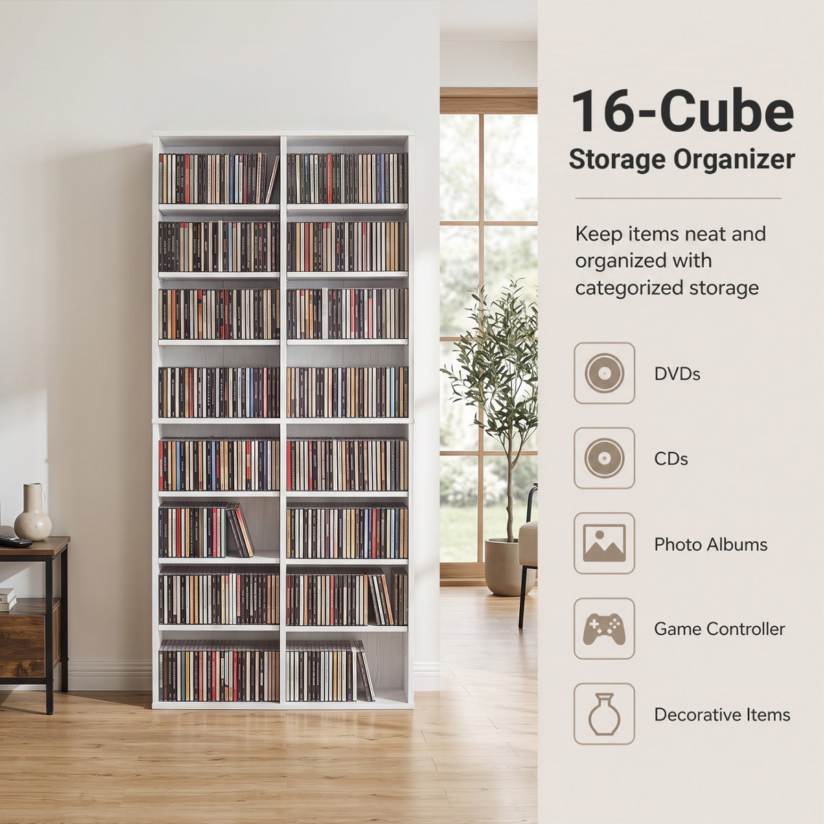 16 Compartment CD Storage Unit 54" Freestanding Open Display Shelf with 12 Removable Shelves-White