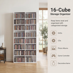 16 Compartment CD Storage Unit 54" Freestanding Open Display Shelf with 12 Removable Shelves-White