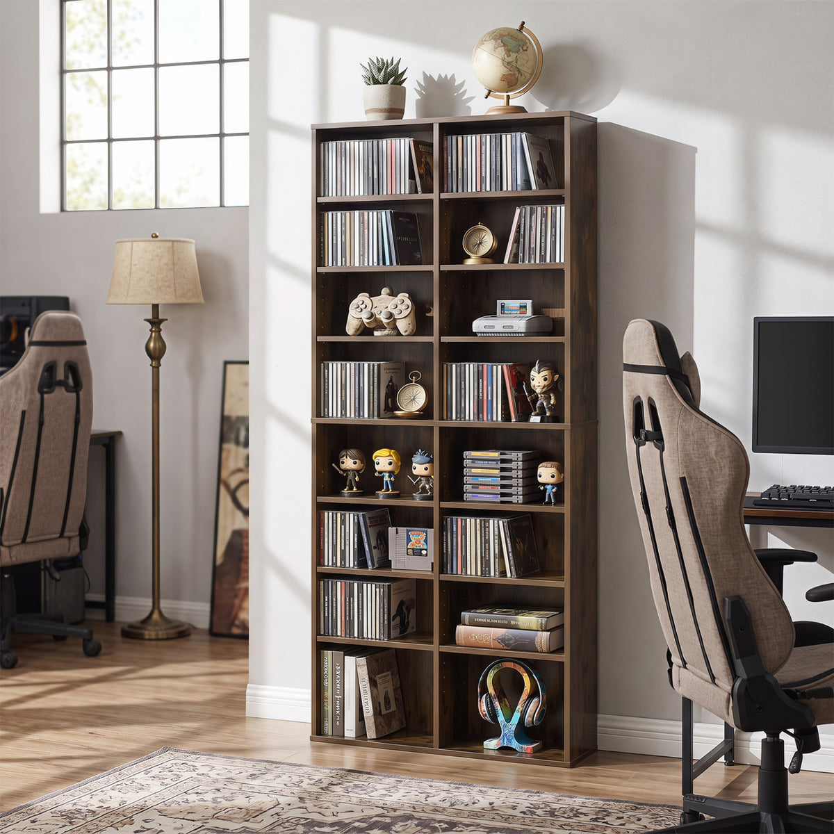 16 Compartment CD Storage Unit 54" Freestanding Open Display Shelf with 12 Removable Shelves-Brown