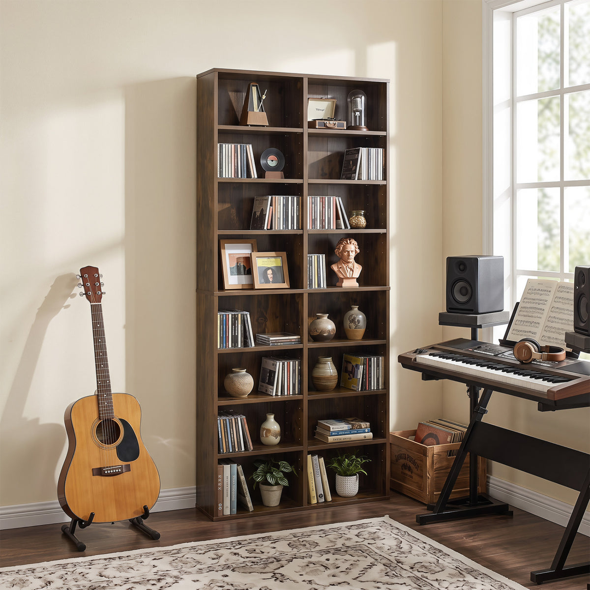 16 Compartment CD Storage Unit 54" Freestanding Open Display Shelf with 12 Removable Shelves-Brown
