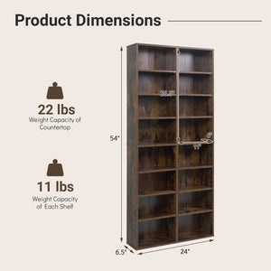 16 Compartment CD Storage Unit 54" Freestanding Open Display Shelf with 12 Removable Shelves-Brown