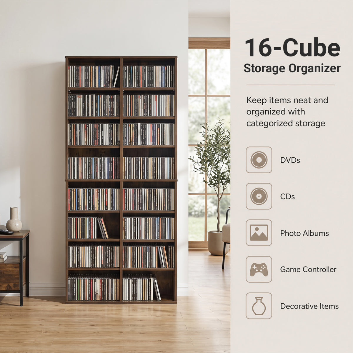 16 Compartment CD Storage Unit 54" Freestanding Open Display Shelf with 12 Removable Shelves-Brown