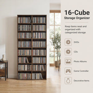 16 Compartment CD Storage Unit 54" Freestanding Open Display Shelf with 12 Removable Shelves-Brown