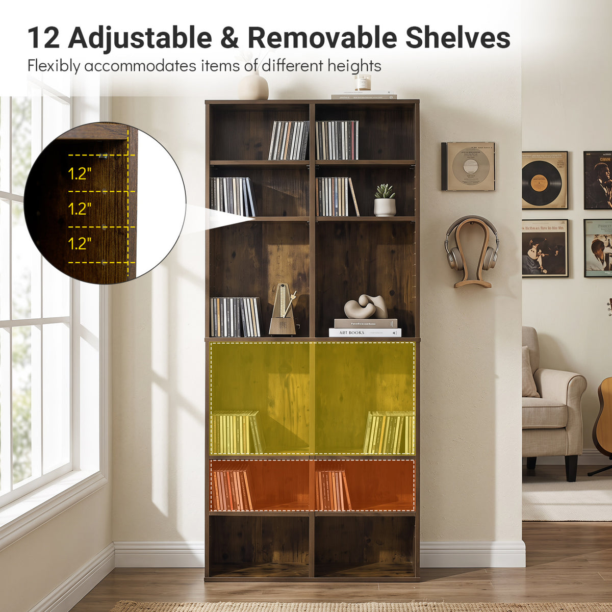 16 Compartment CD Storage Unit 54" Freestanding Open Display Shelf with 12 Removable Shelves-Brown