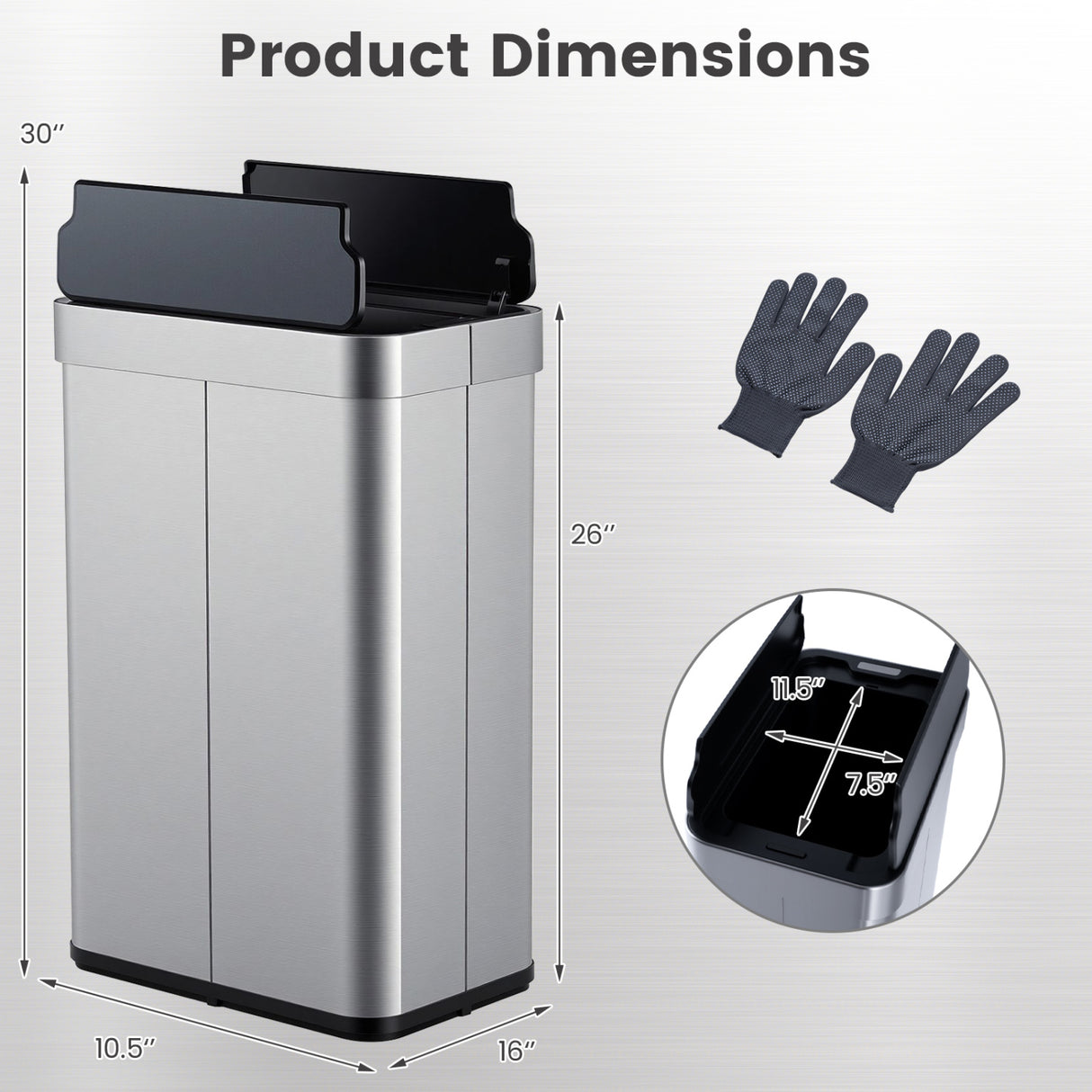 16 Gallon Trash Can with Wing Lids for Bedroom Bathroom Kitchen-Silver