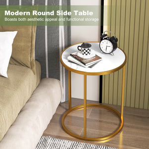 16 Inch Marble Top Round Side Table with Golden Metal Frame for Living Room Bedroom-Set of 2