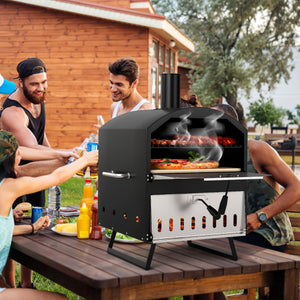 Outdoor 16 Inch 2-Layer Wood Fired Pizza Oven with Square Stone-Black