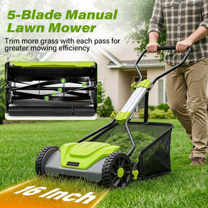 16 Inch Adjustable Cutting Heights 5-Blade Push Reel Lawn Mower with 8 Gal Removable Grass Catcher Bag-Green
