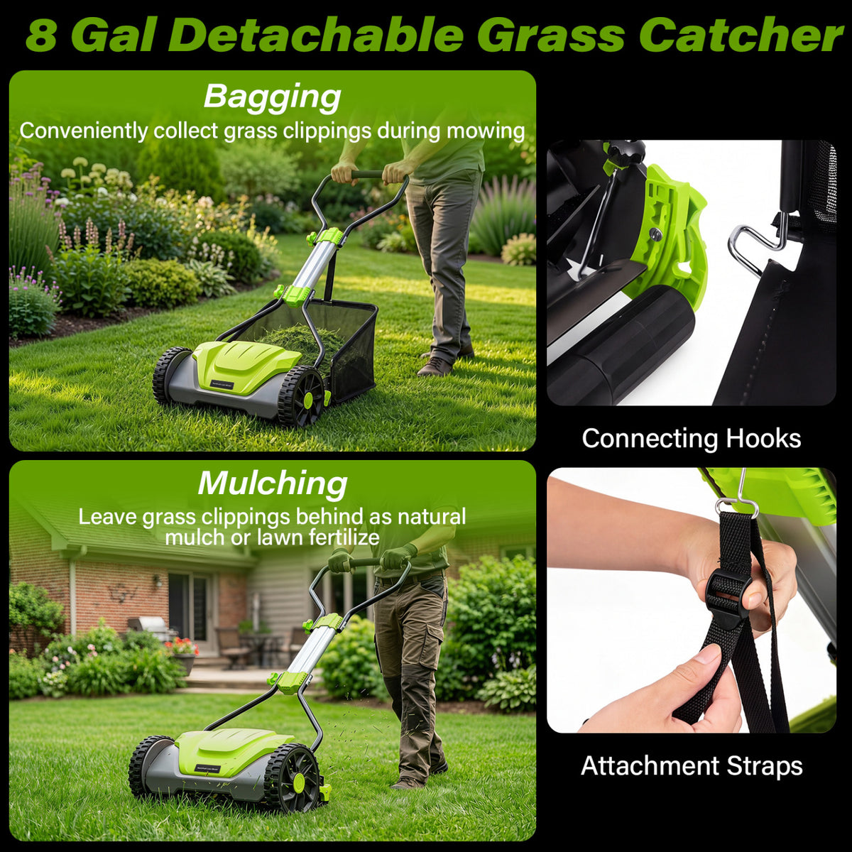 16 Inch Adjustable Cutting Heights 5-Blade Push Reel Lawn Mower with 8 Gal Removable Grass Catcher Bag-Green