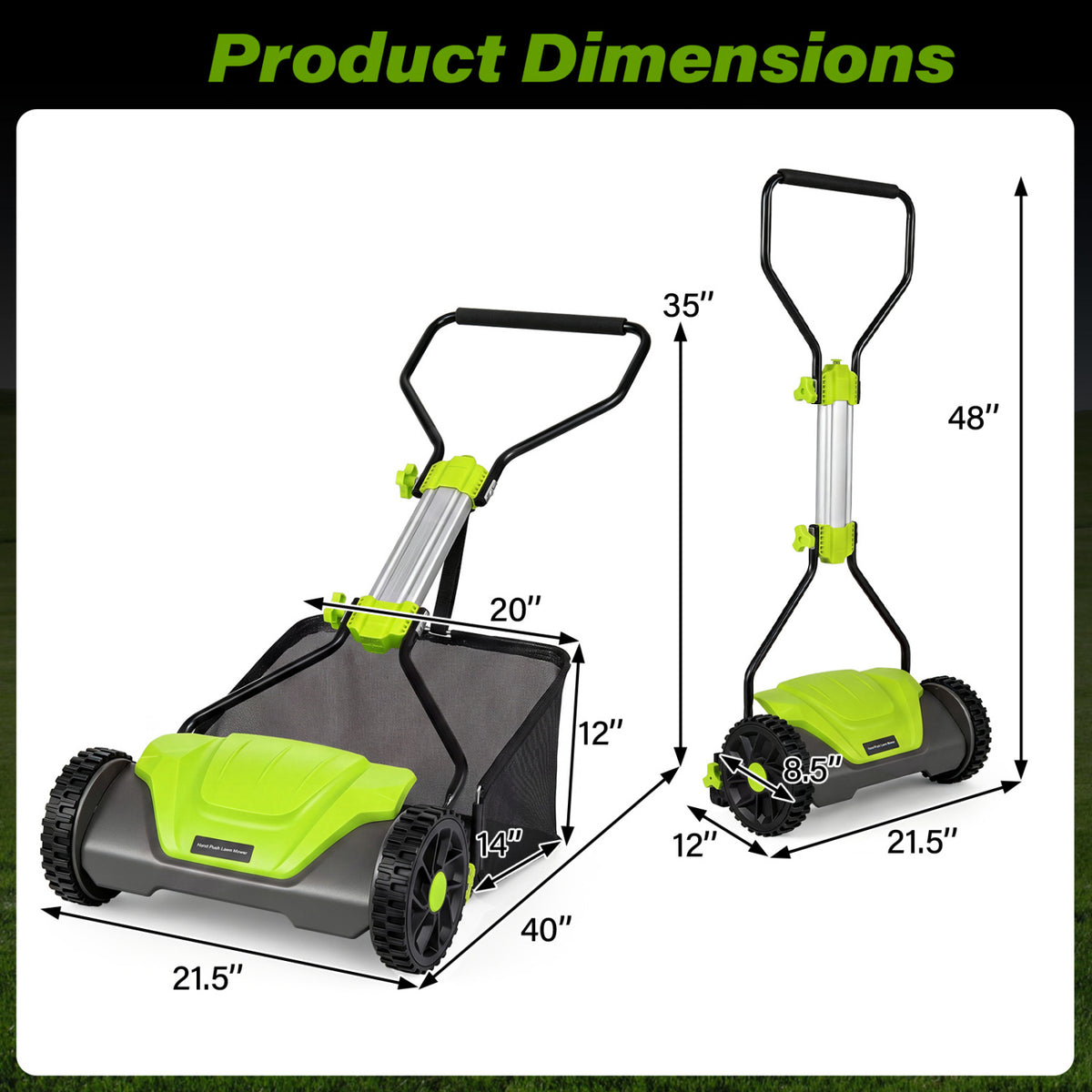 16 Inch Adjustable Cutting Heights 5-Blade Push Reel Lawn Mower with 8 Gal Removable Grass Catcher Bag-Green