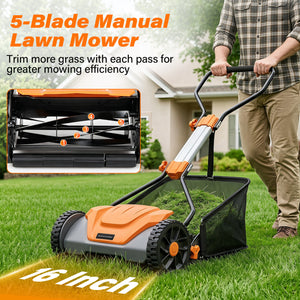 16 Inch Adjustable Cutting Heights 5-Blade Push Reel Lawn Mower with 8 Gal Removable Grass Catcher Bag-Orange