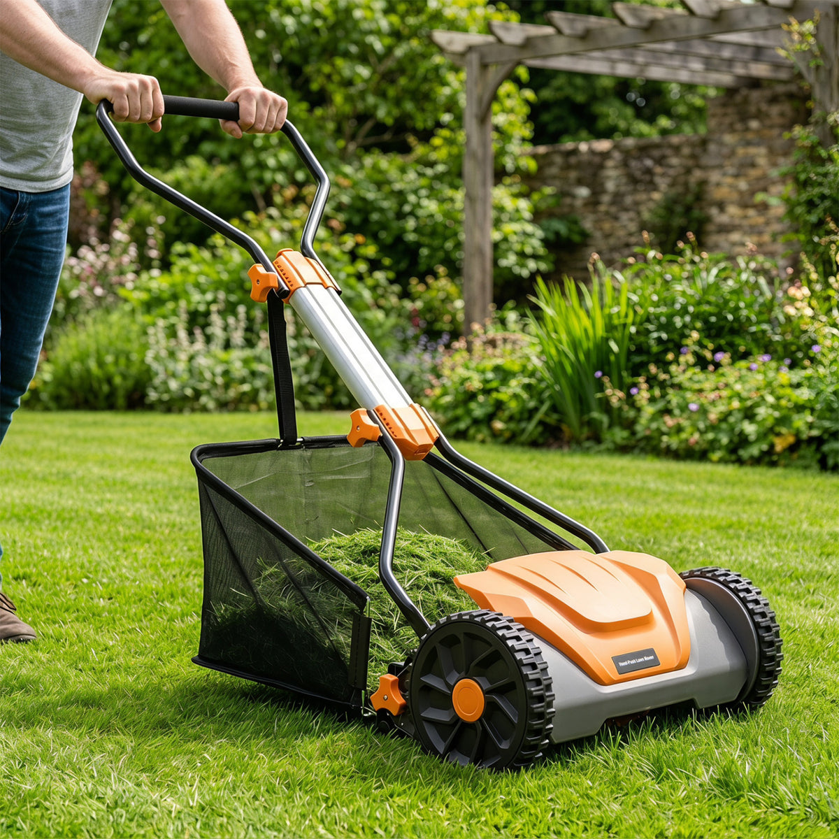 16 Inch Adjustable Cutting Heights 5-Blade Push Reel Lawn Mower with 8 Gal Removable Grass Catcher Bag-Orange