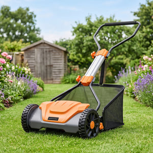 16 Inch Adjustable Cutting Heights 5-Blade Push Reel Lawn Mower with 8 Gal Removable Grass Catcher Bag-Orange