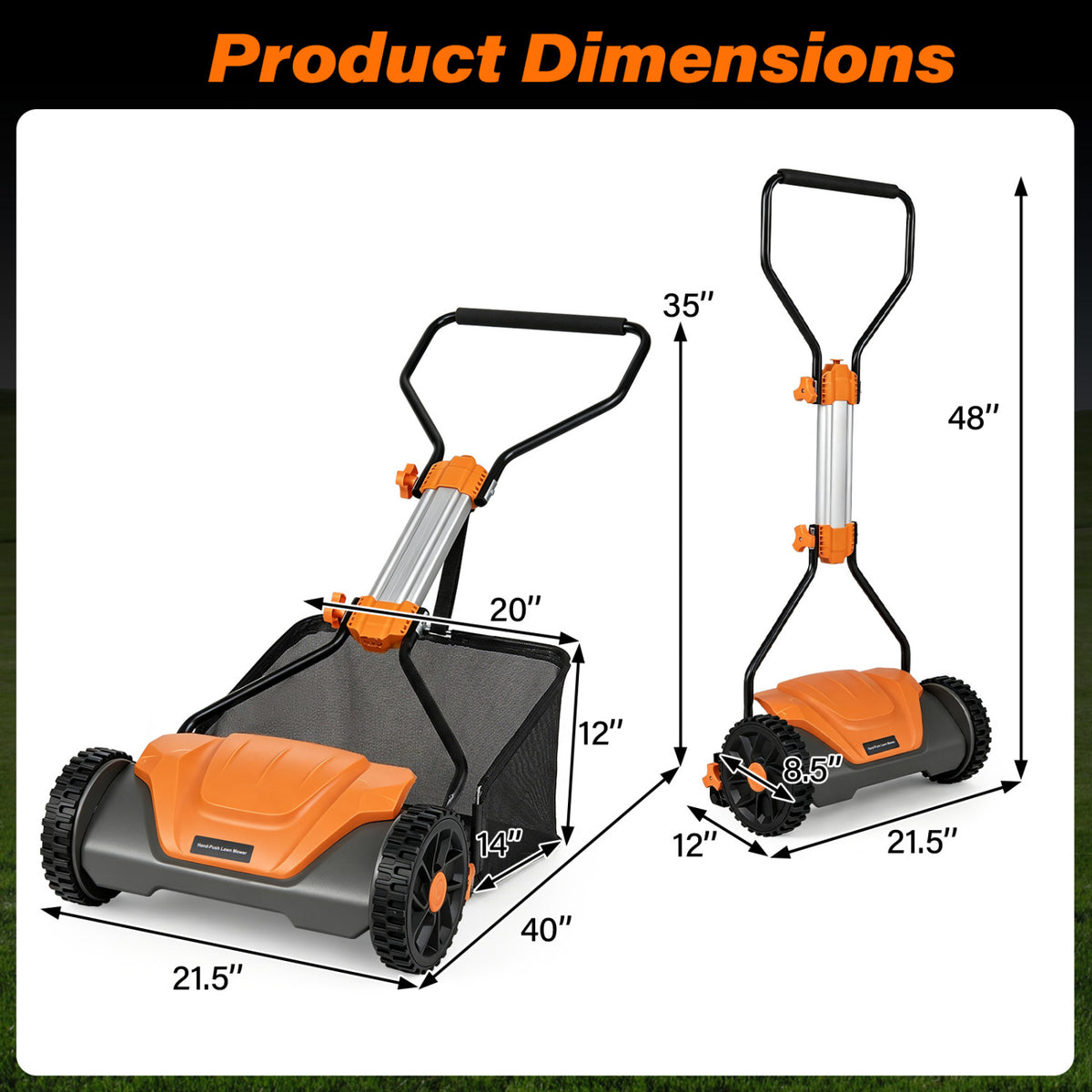 16 Inch Adjustable Cutting Heights 5-Blade Push Reel Lawn Mower with 8 Gal Removable Grass Catcher Bag-Orange