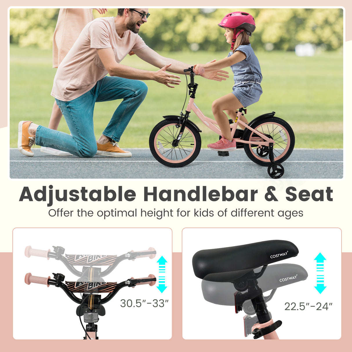 16 Inch Kids Bike Adjustable with Removable Training Wheels Pink for 3-8 Years Old