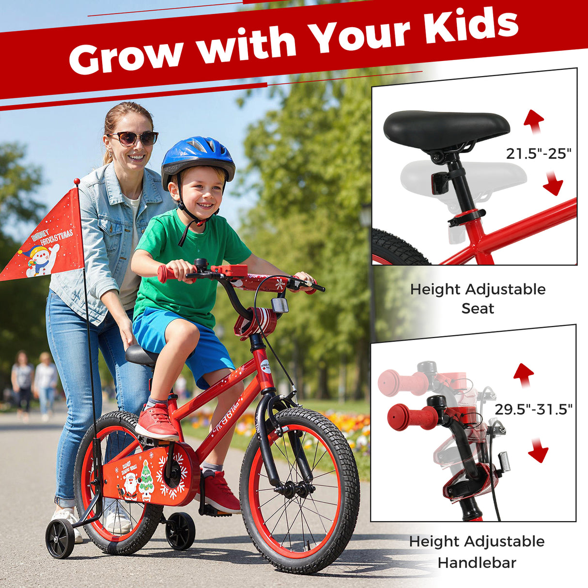 16 Inch Kids Bike Adjustable with Christmas Music & Flag for Aged 4-7 Years Old