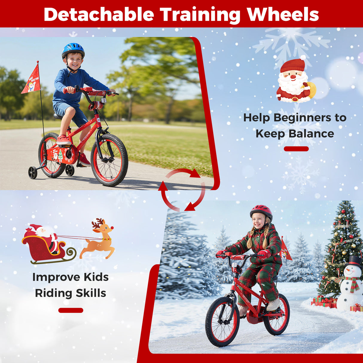 16 Inch Kids Bike Adjustable with Christmas Music & Flag for Aged 4-7 Years Old
