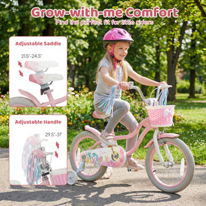 16 Inch Kids Bike Adjustable with Basket and Streamers for Girls Aged 4-7 Years Old Pink