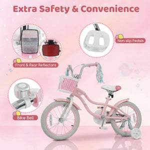16 Inch Kids Bike Adjustable with Basket and Streamers for Girls Aged 4-7 Years Old Pink