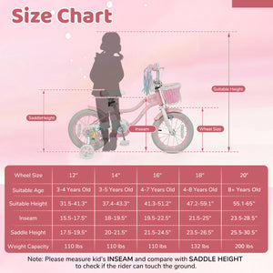 16 Inch Kids Bike Adjustable with Basket and Streamers for Girls Aged 4-7 Years Old Pink
