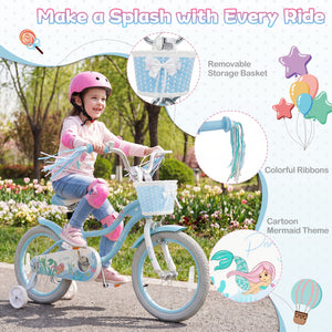 16 Inch Kids Bike Adjustable with Basket and Streamers Blue for Kids Aged 4-7 Years Old - Princess of the Sea Theme