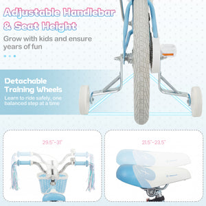 16 Inch Kids Bike Adjustable with Basket and Streamers Blue for Kids Aged 4-7 Years Old - Princess of the Sea Theme