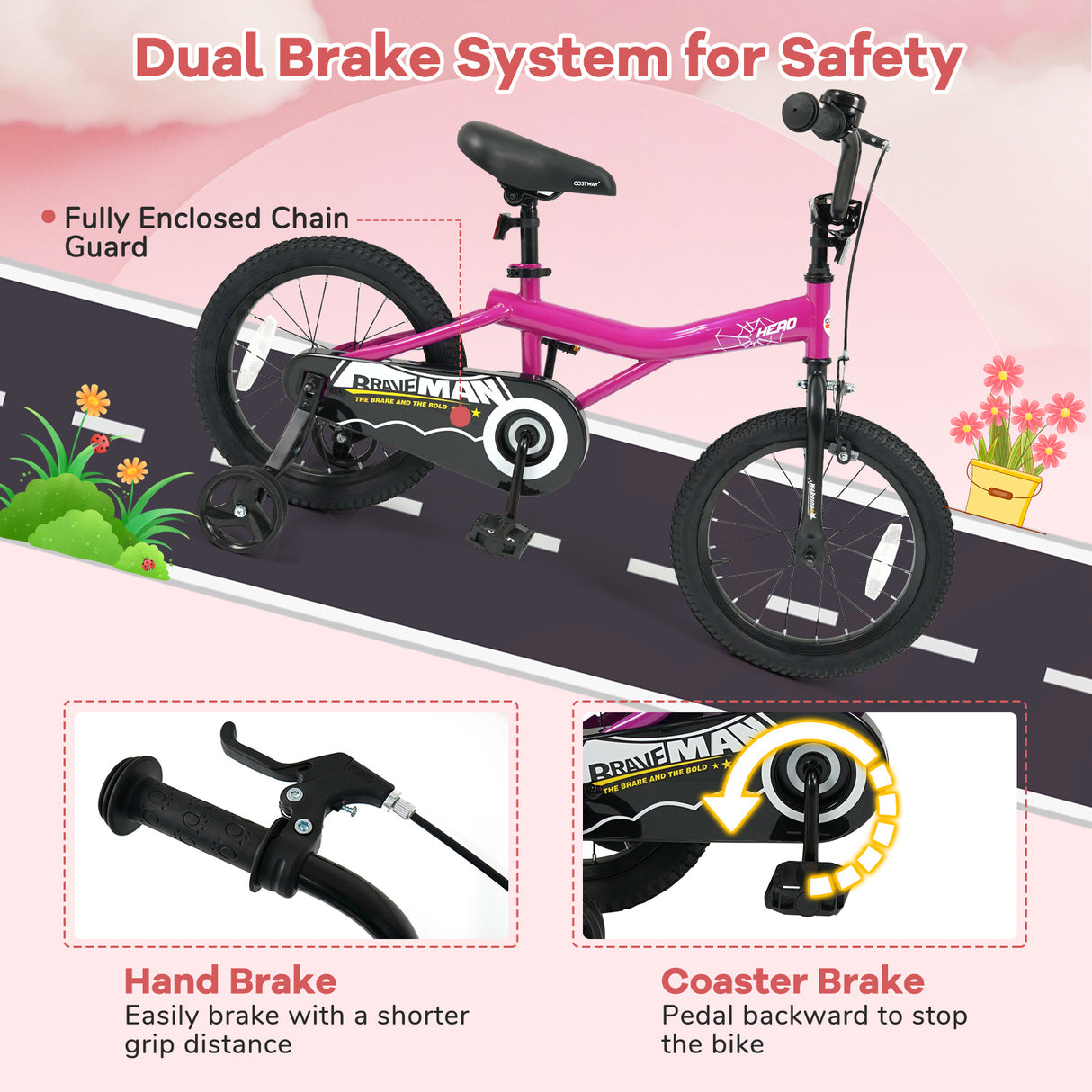16-Inch Kids Bike with Removable Training Wheels Pink-Brave Hero