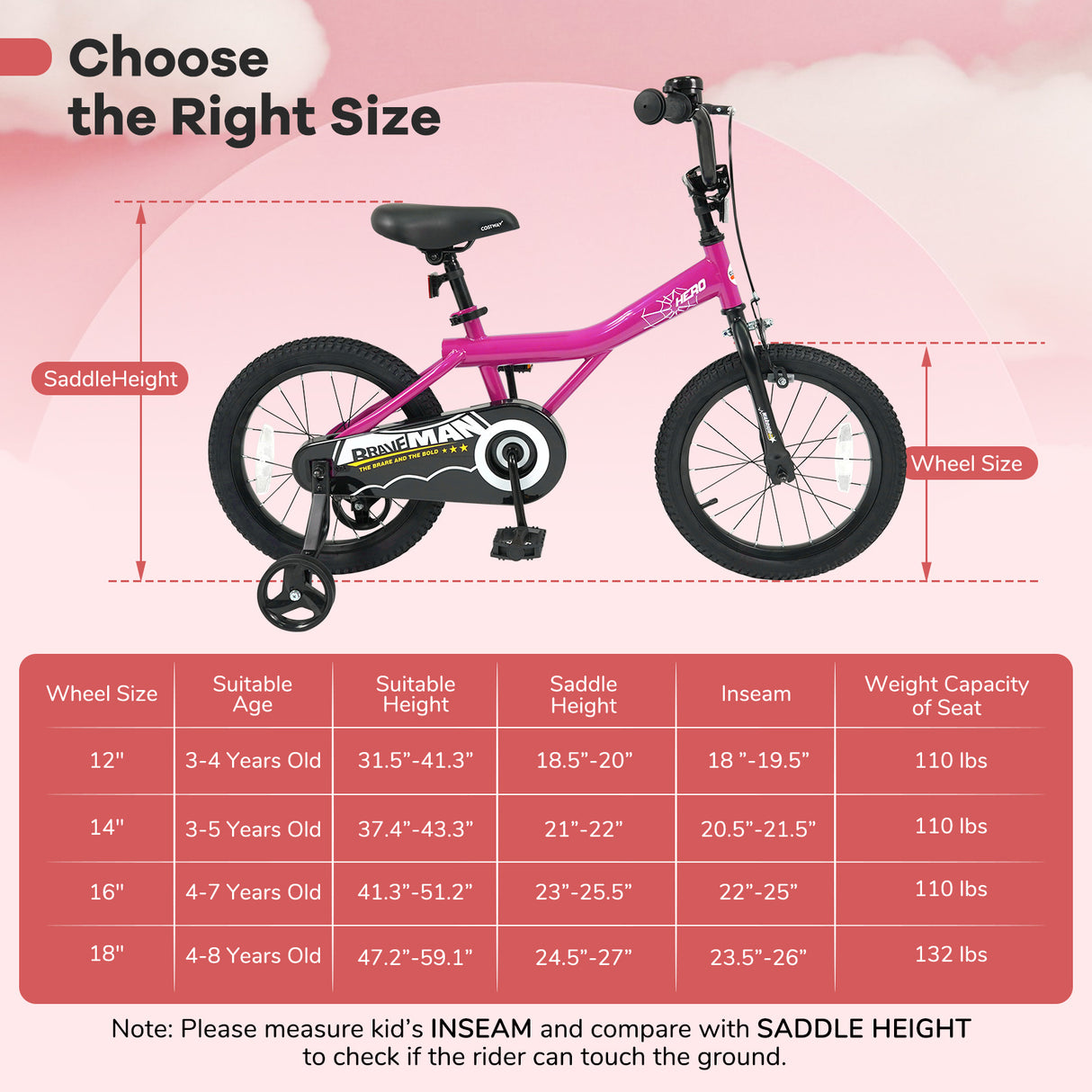 16-Inch Kids Bike with Removable Training Wheels Pink-Brave Hero