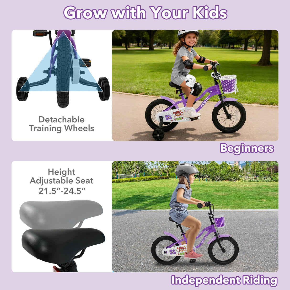 16 Inch Kids Bike with Training Wheels for Aged 4-7 Years Old - Magic Purple