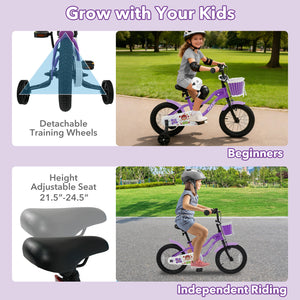 16 Inch Kids Bike with Training Wheels for Aged 4-7 Years Old - Magic Purple