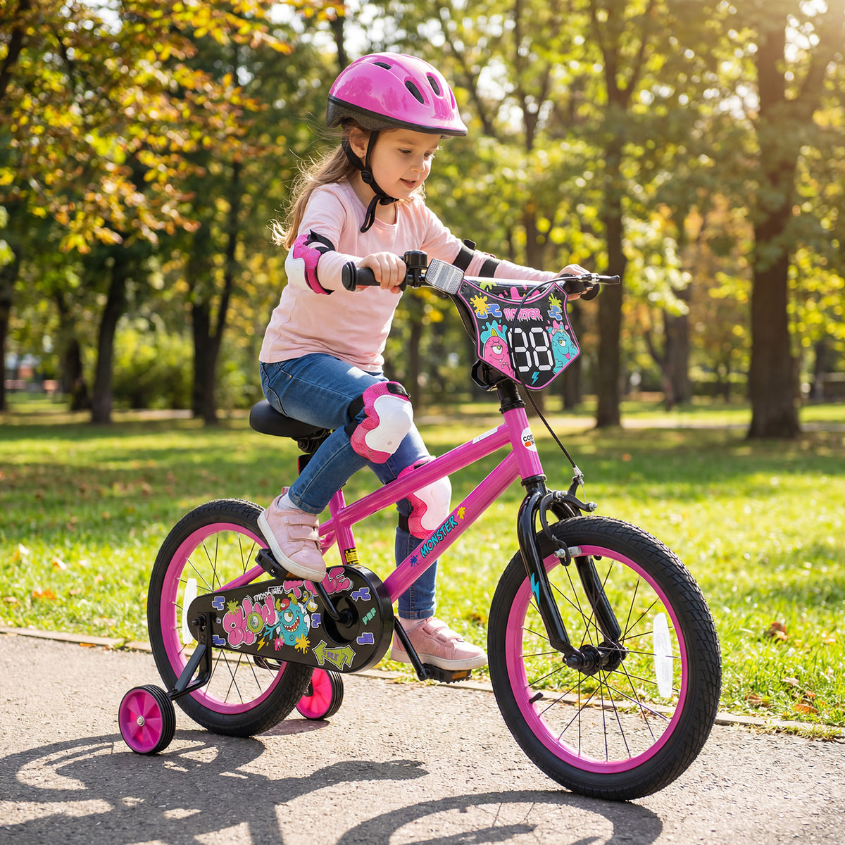 16 Inch Kids Bike with Training Wheels for Ages 4-7 Years Old Pink- Street Art Time